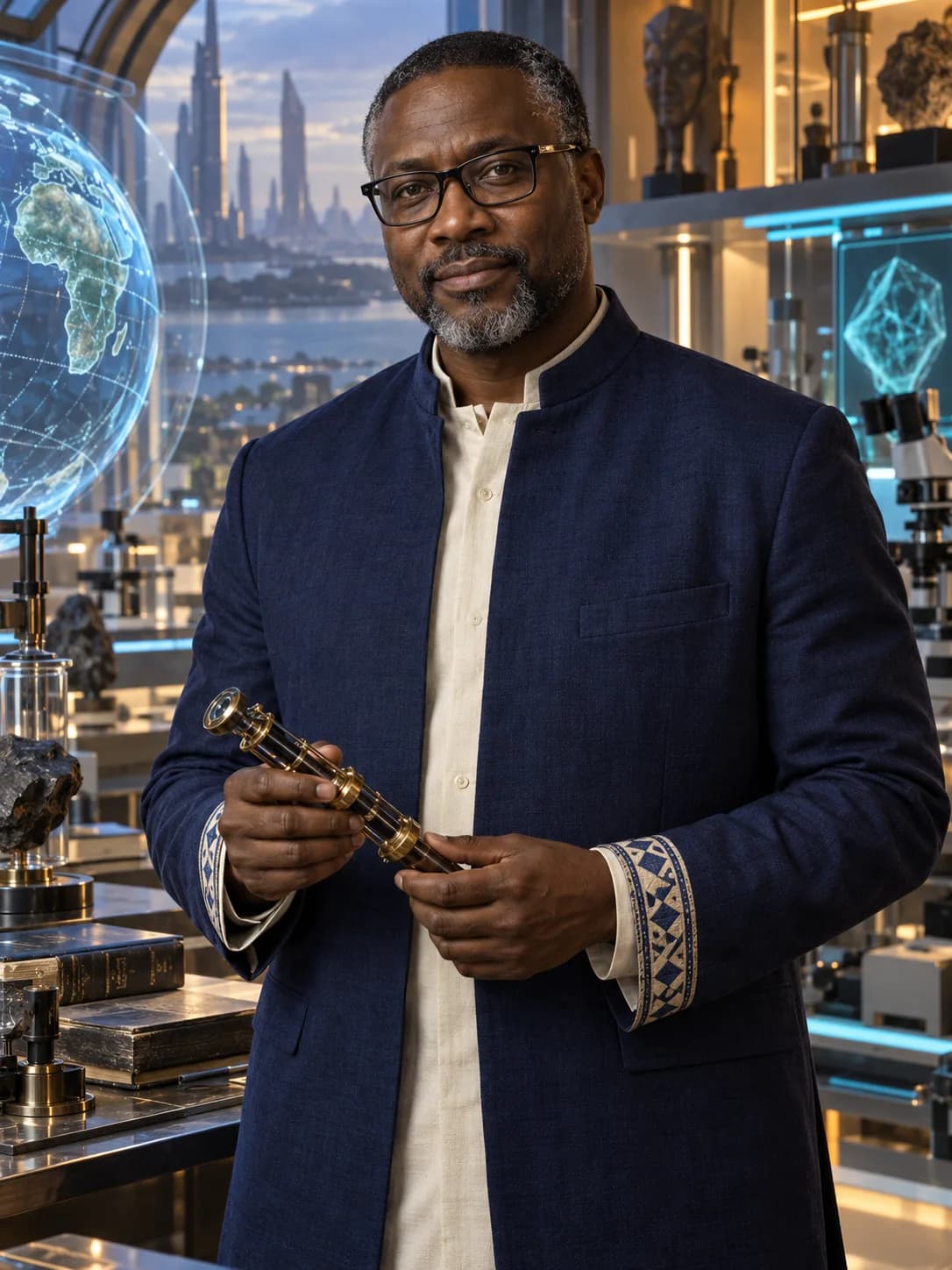 Scientist Bigg, a Nigerian man in an indigo jacket and glasses, holding a scientific instrument in his laboratory.