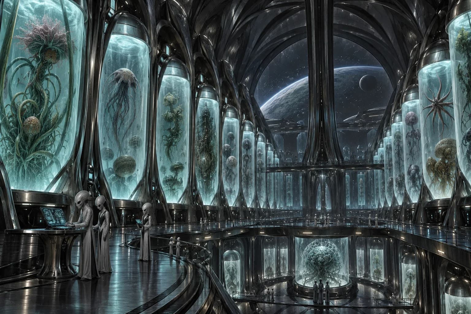 A vast Maggis spaceship interior with glowing specimen chambers and curved metal ribs.