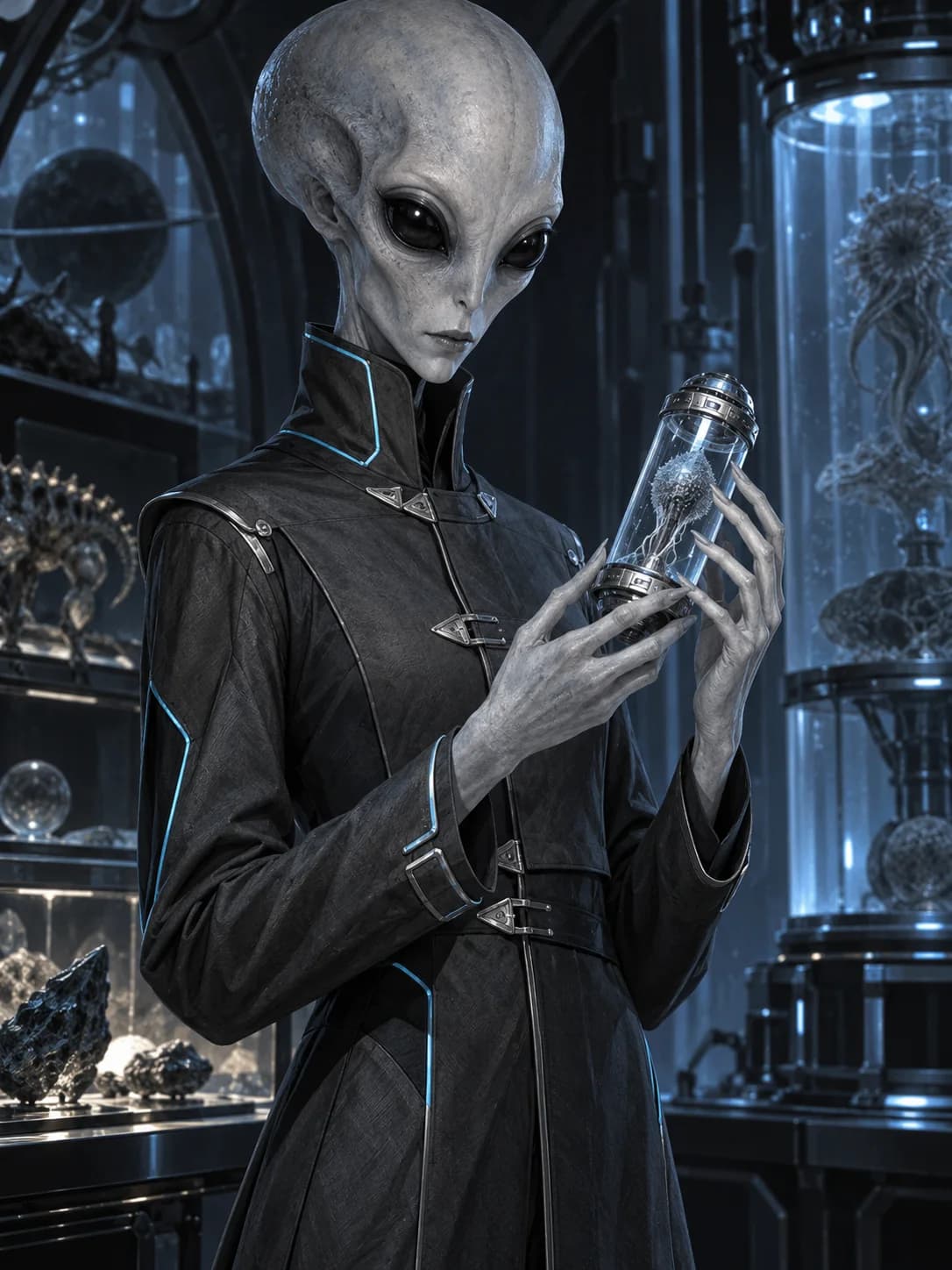 Veyr, a pale Maggis research commander with an enlarged head and large black eyes, wearing a graphite uniform in blue artificial light.