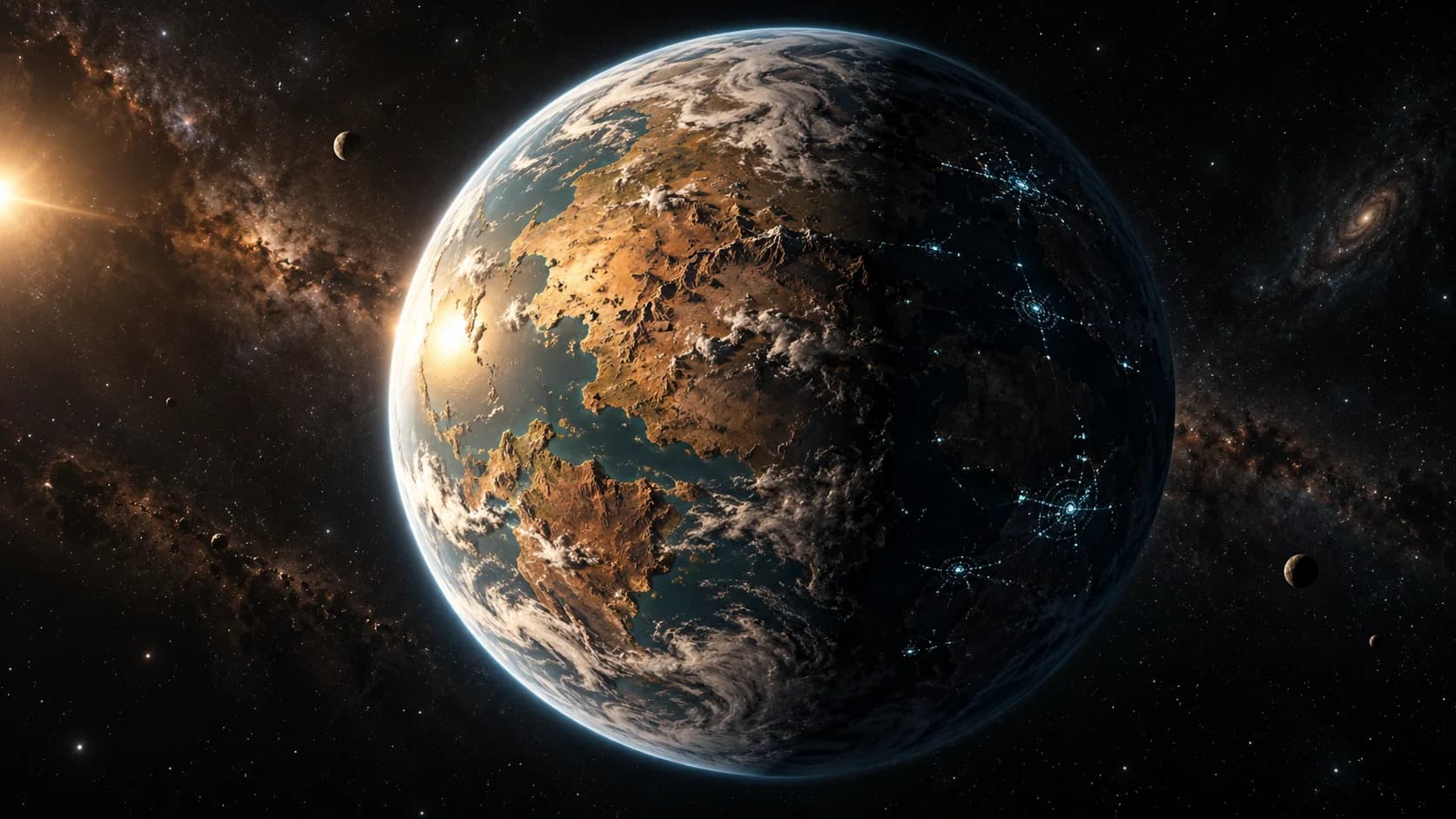 Almag, an alien planet divided between golden sunlight and a dark hemisphere lit by blue cities.