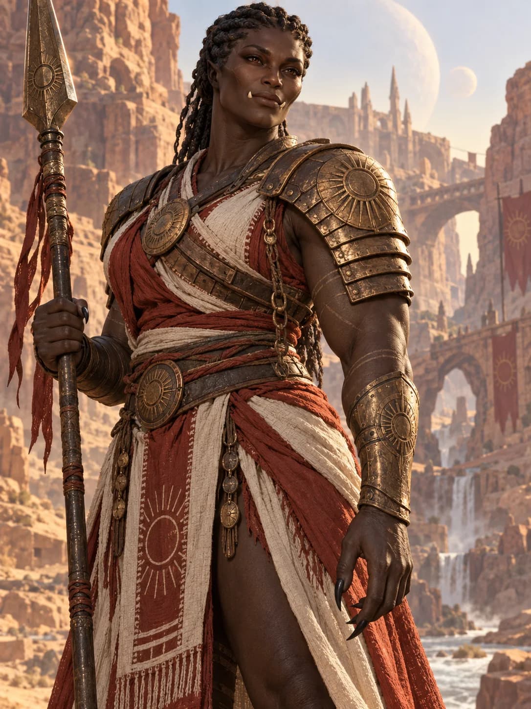 A tall, muscular dark-skinned Alizean warrior with tusks, bronze armour and a spear, standing in warm sunlight.