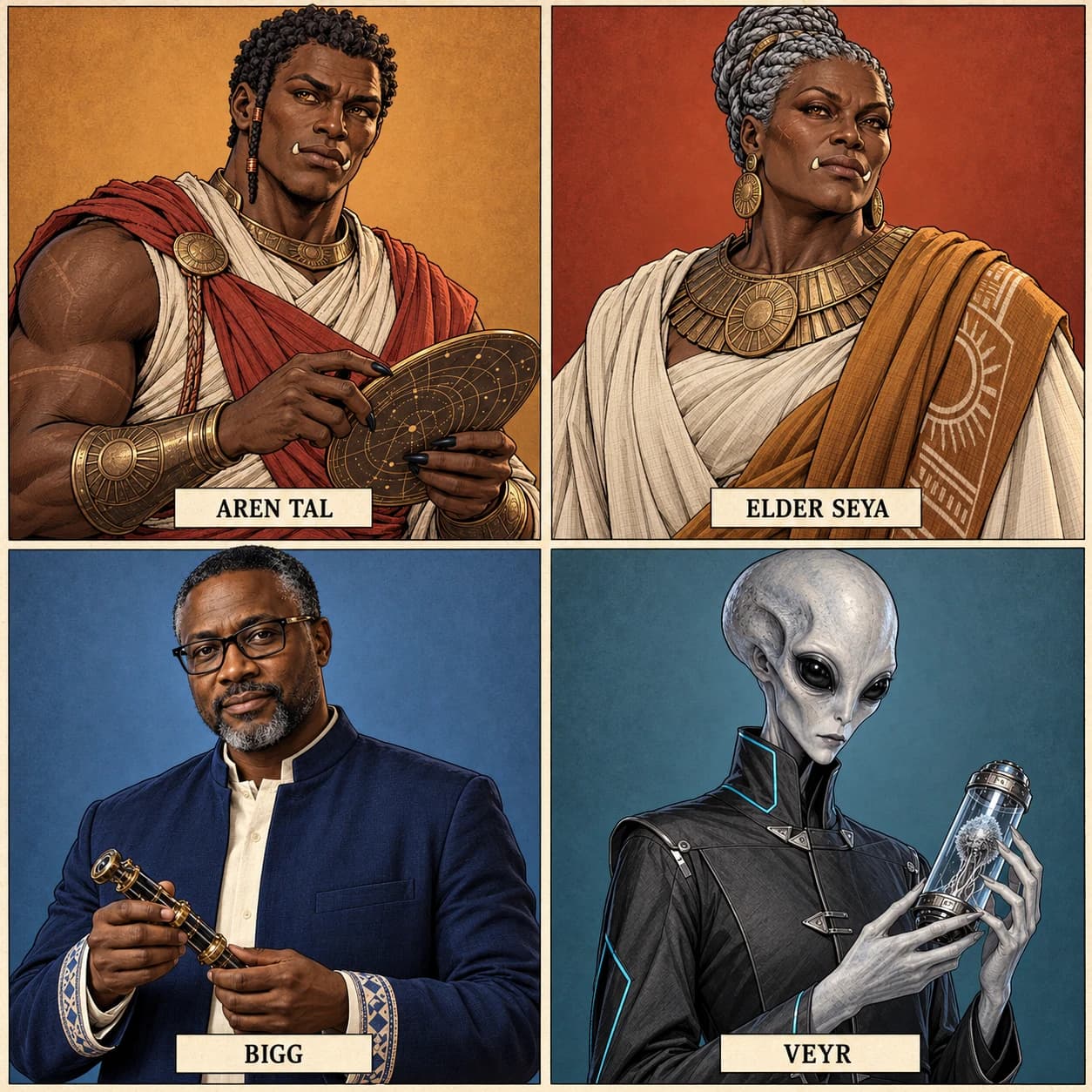 Episode 1 character reference: Aren Tal and Elder Seya above; Mr Bigg and Veyr below, with their recurring facial features and costumes.