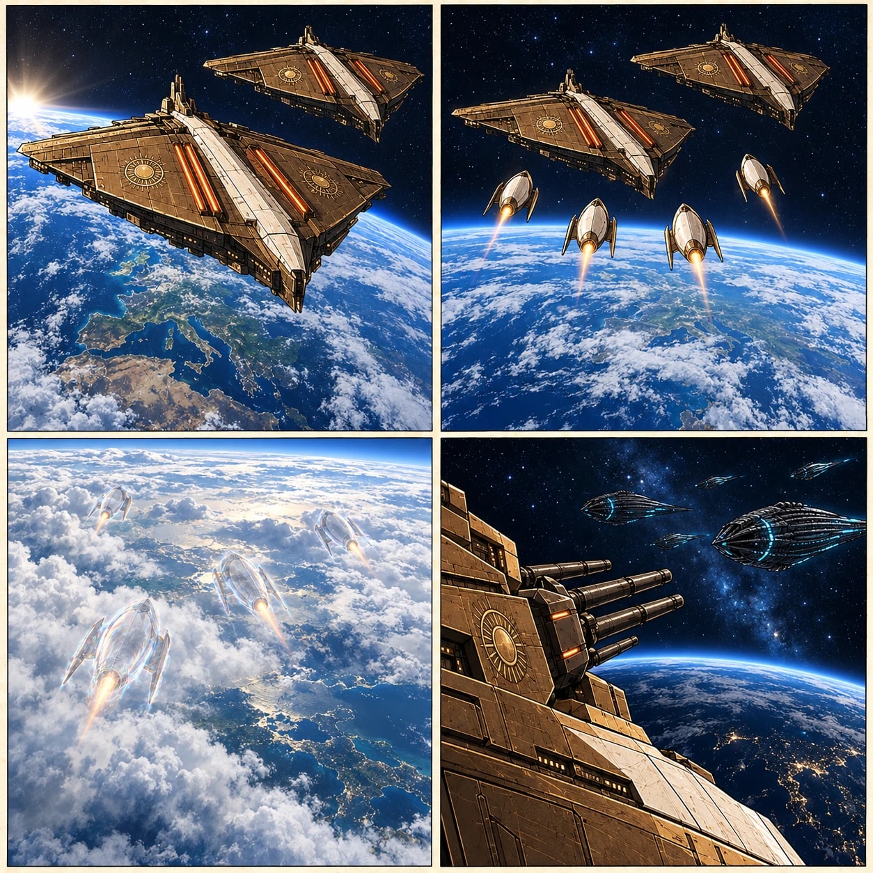 Two Alizean battleships above the blue curve of Earth.