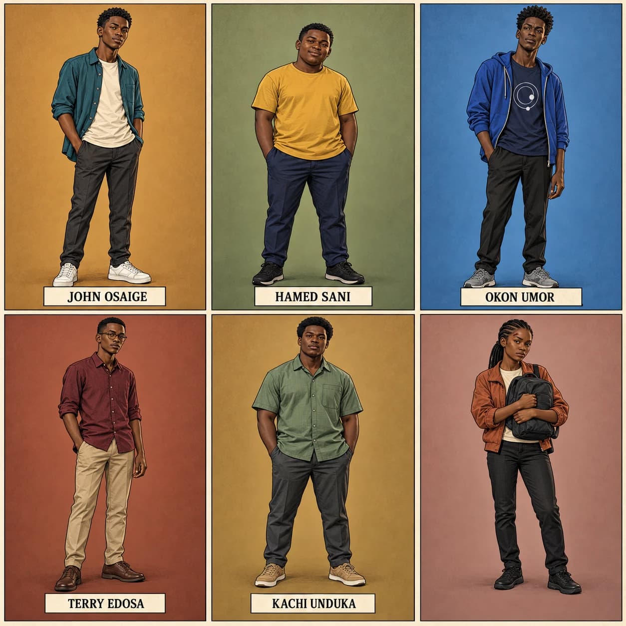 Episode 2 cast reference. Top: John in teal, Hamed in mustard, Okon in cobalt. Bottom: Terry in burgundy, Kachi in sage, and the unnamed young woman in rust-orange with her backpack.