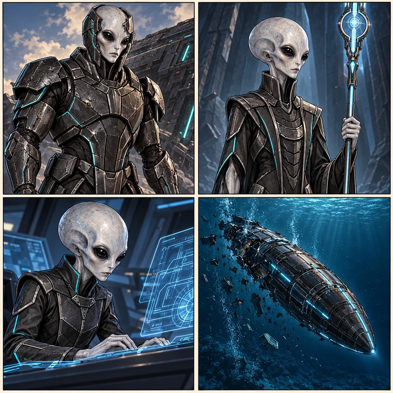 Three distinct unnamed Maggis crew and the damaged ribbed exploration vessel beneath the Atlantic.