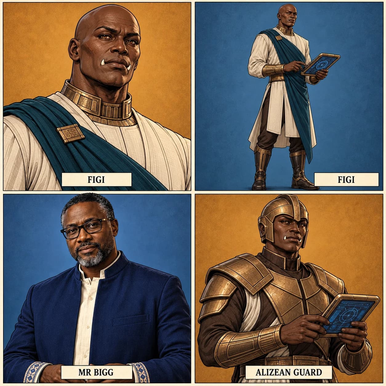 Episode 3 reference: bald, teal-sashed Figi in portrait and full figure above; the established bespectacled Mr Bigg and a bronze-armoured Alizean guard below.
