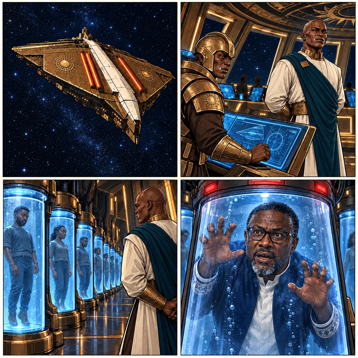 Mr Bigg wakes inside a blue-lit containment pod as a red alarm flares.