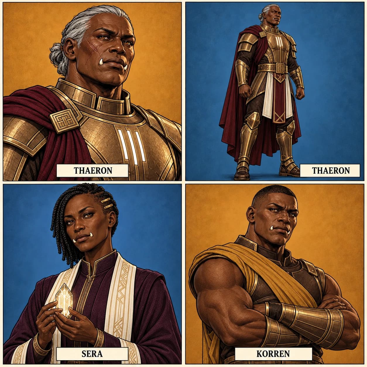 Episodes 4–5 reference: silver-haired Commander Thaeron in dark gold armour and a burgundy mantle above; plum-robed archivist Sera and ochre-clad, buzz-cut instructor Korren below.