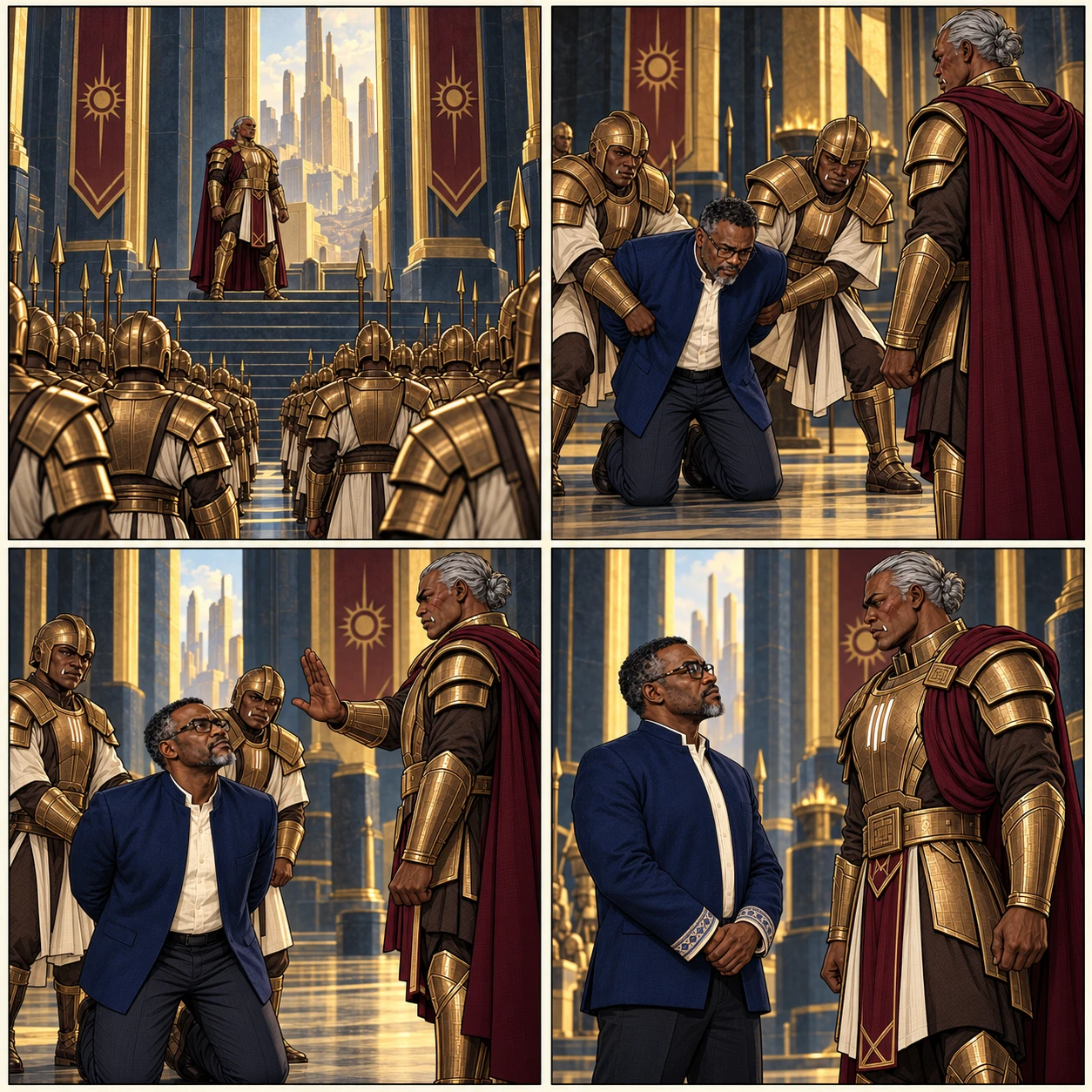 Hundreds of bronze-armoured Alizeans line a vast gold-and-black hall; silver-haired Commander Thaeron stands above them in dark gold armour and a burgundy mantle.