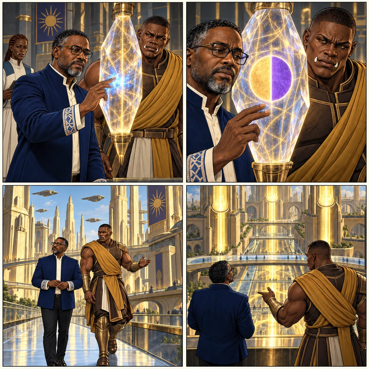 Bigg touches a suspended crystal with his bare fingertips; a blue pulse interrupts the surrounding gold threads while Korren stares.